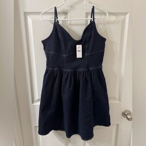 Dark Wash Denim Sweetheart Corset Fit and Flare Mini Dress with Pockets - M